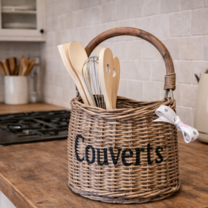 Rieten couverts met hengsel zwarte tekst