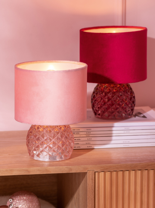 afellamp Glas LED in bordeauxrood, groen of lichtroze. Draadloos,