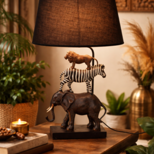 Tafellamp Dierenstapel met Olifant Zebra & Leeuw – Polyresin – E27 – 70 cm